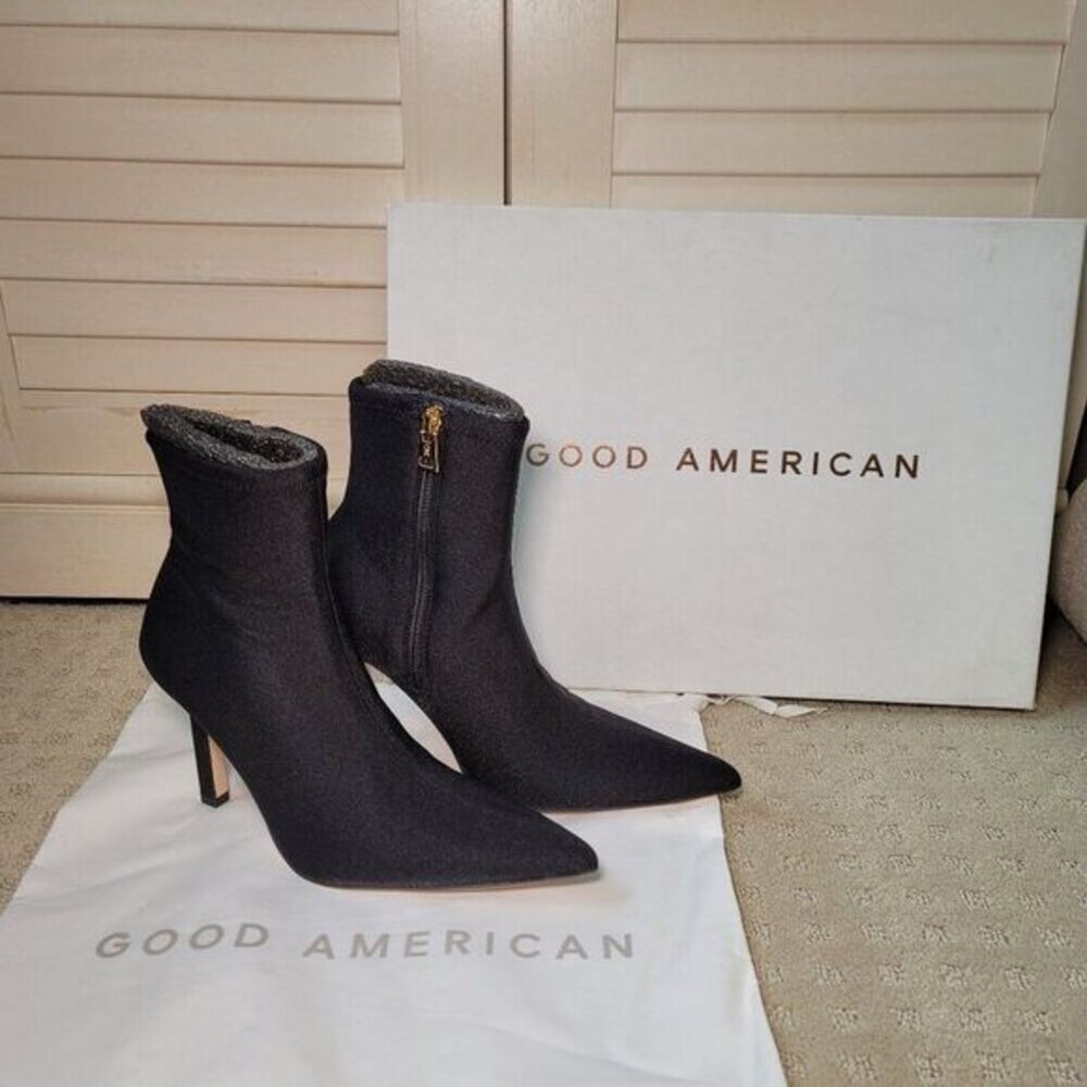 Good American Ankle Shine Neoprene Heeled Point Toe Booties -‎ Black, Size 8